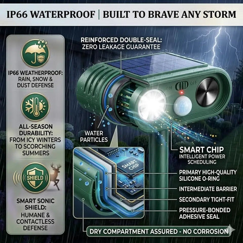 Solar Powered Deer Repellent For Plants And Gardens, Ultrasonic Animal Deterrent With LED Strobe And Adjustable Frequency, Outdoor Garden Pest Control That Keeps Deer And Critters Away From Your Landscaping, IP66 waterproof green unit