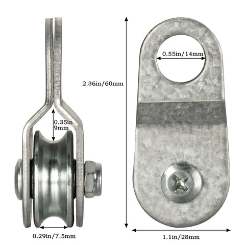 4 Pack Small Snatch Cable Pulley Block For 6mm Wire Rope 0.23 Inch Openable Wheel With Bearing 70 Lb Load Capacity Aluminum Zinc Alloy Lightweight And Durable, side and front view with dimensions