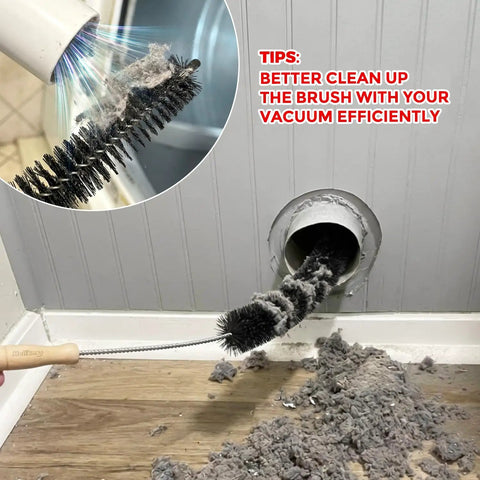 Three Piece Dryer Vent Cleaner Kit with 304 stainless steel bristles shown cleaning lint from a vent duct.