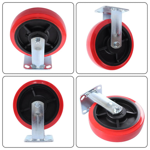 Heavy Eight Inch Swivel Caster Wheels Four Pack Premium Polyurethane Treads on a metal plate for easy installation.