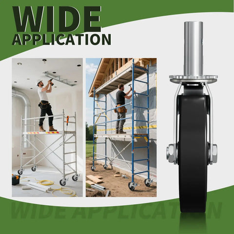 Built Tough Heavy Duty Eight Inch Scaffolding Wheels With Steel Casters And Dual Locking Brakes 1.25 Inch Stem shown on job site.