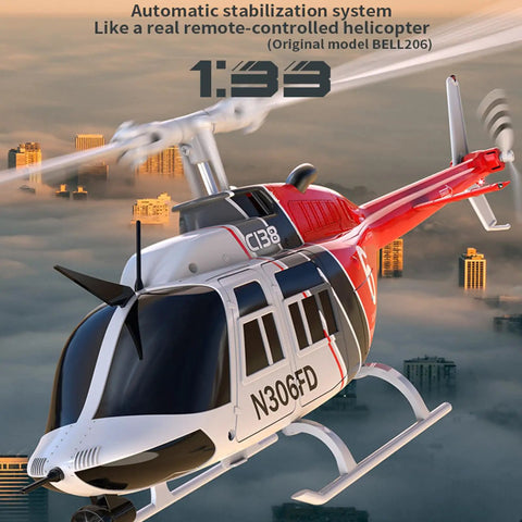 C138 Bell206 RC Helicopter 4CH 2.4GHz flying over cityscape at sunset, showcasing brushless motor and red-white design.