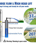 Deep Well Submersible Pump 1HP 230V 37 GPM Flow 207 Ft Head 4 Inch Stainless Steel Water Pump With 33 Ft Cord For Industrial Irrigation And Home Use IP68 Waterproof Tough As Nails diagram showing flow and head lift capabilities