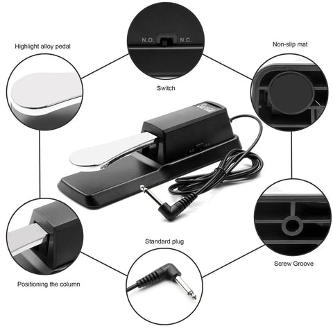 Diagram showing Universal Sustain Pedal For Keyboards And Digital Pianos With Polarity Switch And One Quarter Inch Jack Stainless Steel Pedal