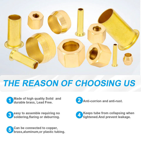 Front view of a 75-piece brass compression fitting set with 1/4 in OD nuts, sleeves, and ferrules.