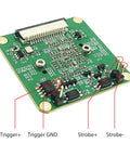 Top view of Global Shutter Raspberry Pi Camera Module With IMX296 Mono Sensor, highlighting trigger and strobe connectors.