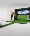 Person playing on All In One Indoor Golf Studio Simulator Rig With 12 Foot Enclosure, Impact Screen, Launch Monitor, Premium Turf.