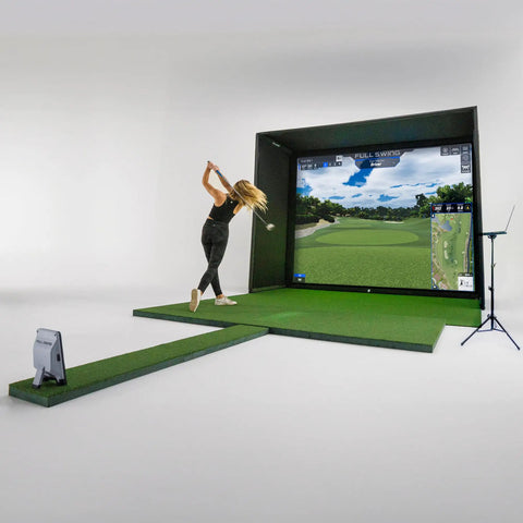 Person playing on All In One Indoor Golf Studio Simulator Rig With 12 Foot Enclosure, Impact Screen, Launch Monitor, Premium Turf.