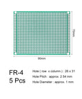 Five Pack 7x9cm Double Sided PCB Boards For DIY Soldering And Electronic Projects Pro Grade Universal Printed Circuit Proto Board With FR4 Glass Fiber And Pre Tin Holes, shown with dimensions and grid layout.