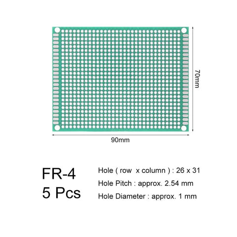 Five Pack 7x9cm Double Sided PCB Boards For DIY Soldering And Electronic Projects Pro Grade Universal Printed Circuit Proto Board With FR4 Glass Fiber And Pre Tin Holes, shown with dimensions and grid layout.