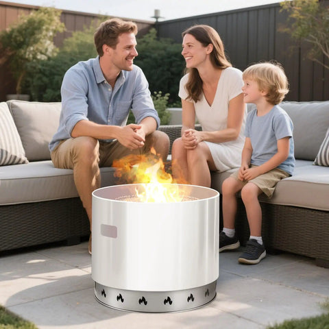 Family enjoying 27 Inch Smokeless Fire Pit Stand For Solo Stove Bonfire outdoors, showcasing stainless steel ring frame.