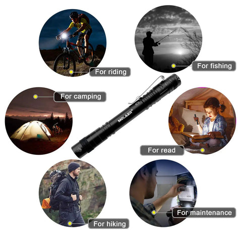 Ultra Bright Pen Light Flashlight 2 Pack With Clip, Pocket Sized LED Penlight shown in various outdoor and indoor use scenarios.
