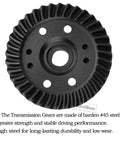 Beefed Up One Tenth Scale RC Differential Gear Assembly Upgrade Kit With Steel Front And Rear Helical Gears close-up view.