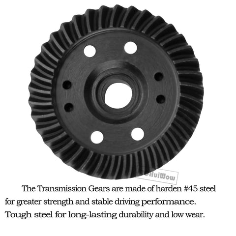 Beefed Up One Tenth Scale RC Differential Gear Assembly Upgrade Kit With Steel Front And Rear Helical Gears close-up view.