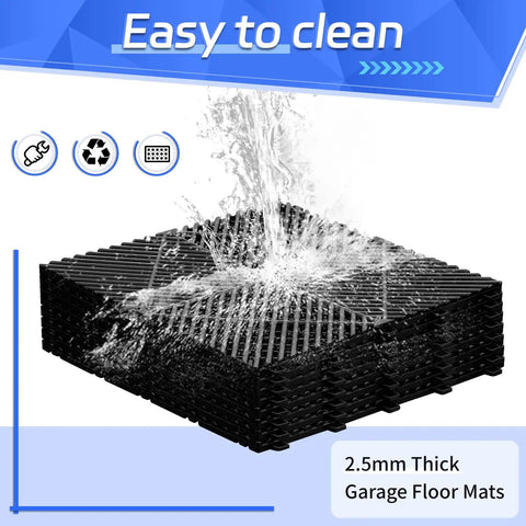 Pile of black 72 Pcs 12x12 Interlocking Garage Floor Tiles Drainage Flooring Tough As Nails Non Slip Polypropylene Easy Install