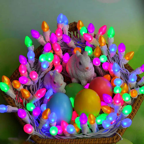 Easter LED String Lights 50 Count Glass C3 Bulbs Multi Color Pastel 120V End To End Connectable UL ETL Certified IP44 Outdoor
