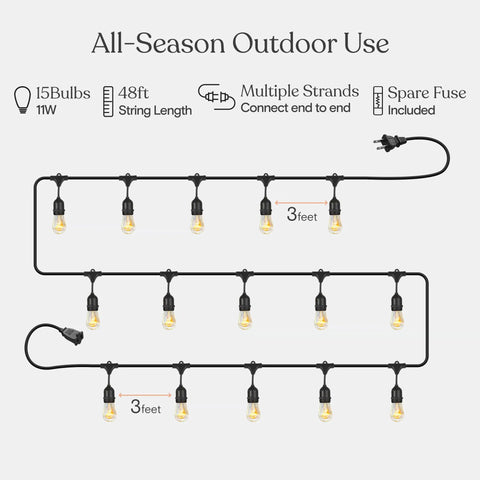 Diagram of Dope Outdoor String Lights 48 Ft With 15 Dimmable Edison Bulbs 11W Waterproof Commercial Grade Patio Lights For Backyard.