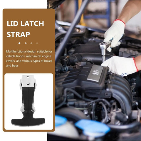 Hands tightening a car engine with 5 Pack Flexible Rubber T-Handle Draw Latches With Hood Lock visible next to text "LID LATCH STRAP".
