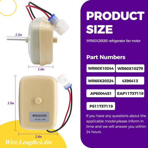 WR60X26085 Refrigerator Evaporator Fan Motor Replacement For Common Refrigerators 60 Hz 2.8W 115V with part numbers