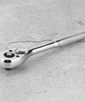 Top Shelf Adjustable Ratchet Wrench Half Size Drive With Sturdy Arrow Storage Case Heavy Duty Steel Spanner Tool for tough auto jobs, showing the shiny ratchet head and knurled grip.