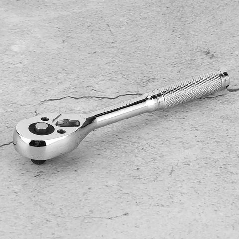 Top Shelf Adjustable Ratchet Wrench Half Size Drive With Sturdy Arrow Storage Case Heavy Duty Steel Spanner Tool for tough auto jobs, showing the shiny ratchet head and knurled grip.