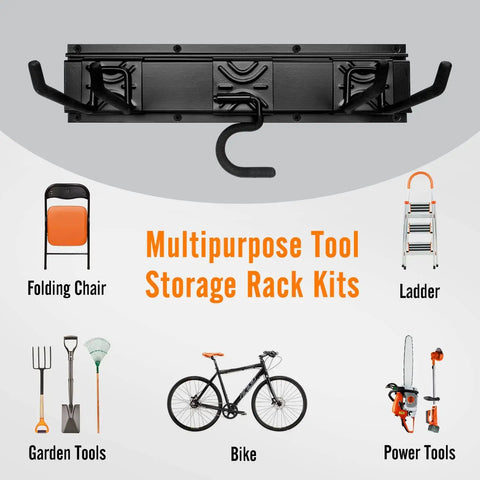 Garage Tool Storage Rack With Heavy Duty Hangers And Multi Purpose Hooks For Outdoor Tools, Lawn Equipment, Ladders, Chairs, And Mop Holders, Two 17 Inch Aluminum Panels, Fits 16 Inch Studs, Includes Hardware displayed with items it can hold like chairs, ladders, bike, tools.