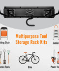 Heavy Duty Garage Wall Organizer Rack Kit With Three Mop Holders and Six Multi Purpose Hooks for tools and equipment storage.