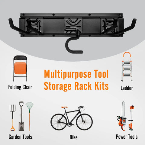 Heavy Duty Garage Wall Organizer Rack Kit With Three Mop Holders and Six Multi Purpose Hooks for tools and equipment storage.