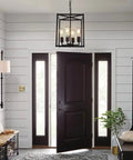 Black Farmhouse Four Light Chandelier Pendant For Dining Room And Kitchen Island Adjustable Height Industrial Lantern in entryway