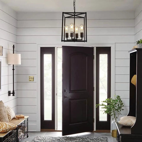 Black Farmhouse Four Light Chandelier Pendant For Dining Room And Kitchen Island Adjustable Height Industrial Lantern in entryway