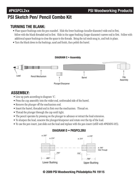 PSI Sketch Pen Pencil Combo Kit assembly instructions with diagrams for woodturning creators and woodshop crews.