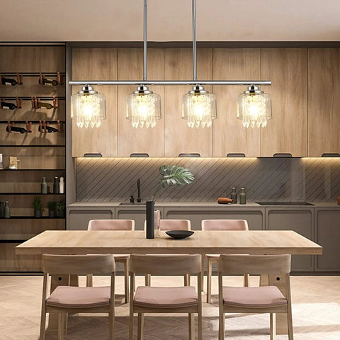 Crystal Pendant Lighting For Kitchen Island, 4 Light Dining Room Fixture With Clear Glass Shades, Elegant K9 Crystal Chandelier
