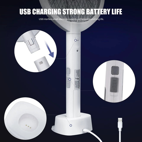 USB charging feature of 2-In-1 Handheld Electric Fly Swatter Zapper With 3000V High Voltage, highlighting buttons and port.