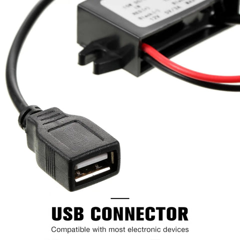 Close-up of 12V To 5V USB Buck Converter Module For Cars, 3A Regulator Power Adapter With USB Output