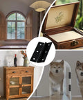 Collage featuring Six Piece 3 Inch High End Stainless Steel Mini Hinges With 36 Screws In Black Finish used on cabinets and boxes.