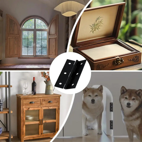 Collage featuring Six Piece 3 Inch High End Stainless Steel Mini Hinges With 36 Screws In Black Finish used on cabinets and boxes.