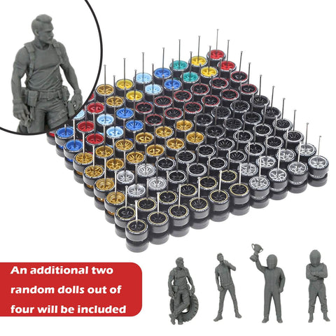 1/64 Scale Diecast Car Wheels And Tires Set Mixed Random Realistic Wheel Rims With Printed Detail Variety Pack for 1/64 Models