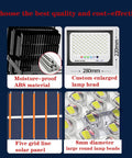 JUDYSSY Solar Flood Light 500W800W1000W, detailed view of moisture-proof ABS material and custom lamp head dimensions.