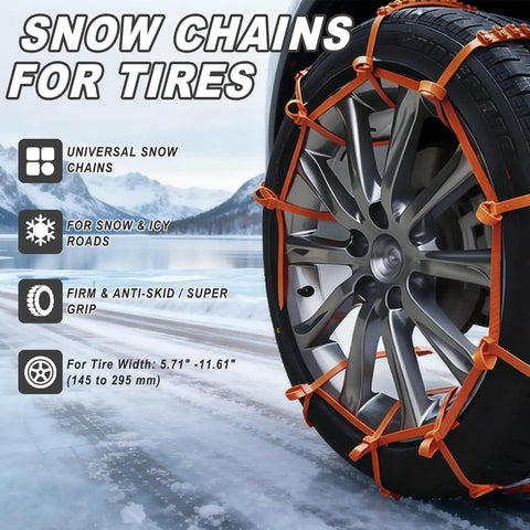 Heavy Duty 20 Piece Snow Tire Chains For Cars And Trucks Zero Hassle Zip Tie Design on tire for 5.71 to 11.61 inch widths, gripping icy road.