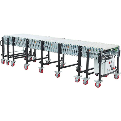 Workhorse 24 Inch Powered Flexible Roller Conveyor Built Rock Solid For Friction Free Package Transport And Lightning Fast Warehouse Loading Zones With Quick Length Tweaks with metal rollers and adjustable length