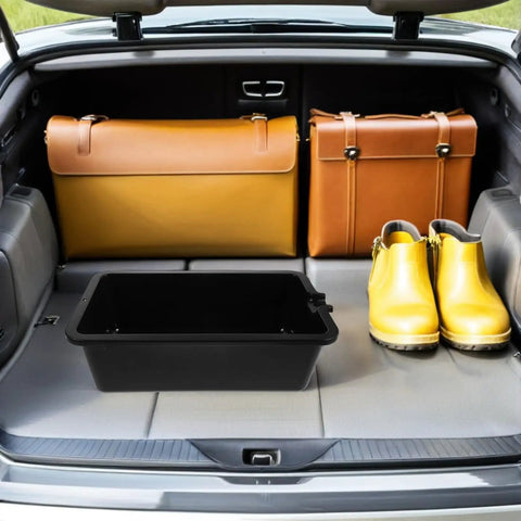 Heavy Duty Plastic Oil Drain Pan For Garage Work Universal Fluid Catcher Tray For Engine Oil And Brake Coolant Maintenance On Any Car Or Motorcycle in car trunk with bags.