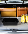 Heavy Duty Oil Catch Pan With Ergonomic Handle For Engine Fluids, Spill Proof Drain Tray in car trunk, with bags and boots.