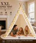 Family enjoying XXL Teepee Tent For Adults And Kids With Vine LED Lights in living room, spacious cotton design