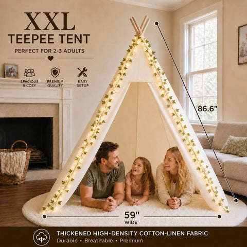 Family enjoying XXL Teepee Tent For Adults And Kids With Vine LED Lights in living room, spacious cotton design