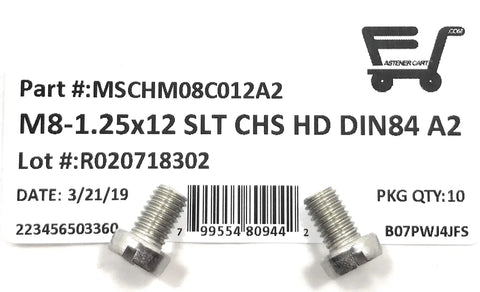 M8 X 12 Stainless Steel Slotted Cheese Head Machine Screws Featuring Knockout Din84 Specs And Heavy Duty A2 70 Grade For Zero Wiggle Installation And Smooth Threading In 10 Piece Pack with barcode and labels.