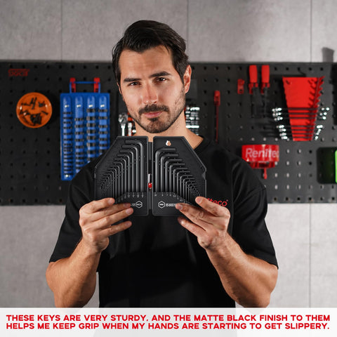 Person holding 30 Piece Hex Key Set With Organizer Case Alloy Steel L Shape Allen Wrenches SAE And Metric Coverage Long And Short Arm