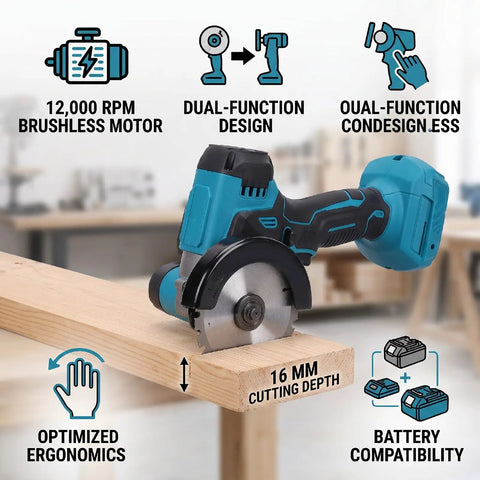 Heavy Duty Cordless Mini Circular Saw and Angle Grinder With Brushless Motor Running 12000 RPM features a 16 mm cutting depth.