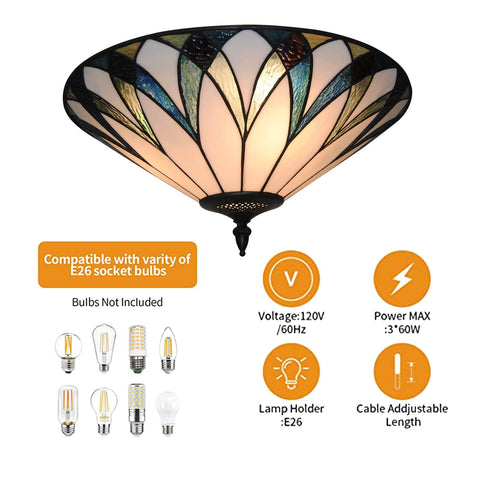 Vintage Stained Glass Ceiling Light 18-Inch Flush Mount Fixture With Bowl Shade, Tiffany-style design, lamp holder E26