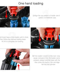 One hand operation of Five Shot Revolver Speed Loader For 38 Special And 357 Magnum Quick Reload Block, red handle detail.