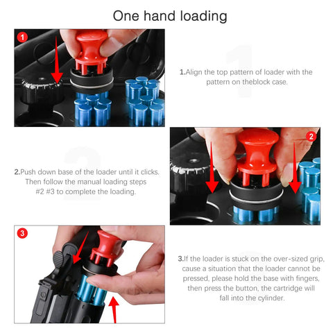 One hand operation of Five Shot Revolver Speed Loader For 38 Special And 357 Magnum Quick Reload Block, red handle detail.